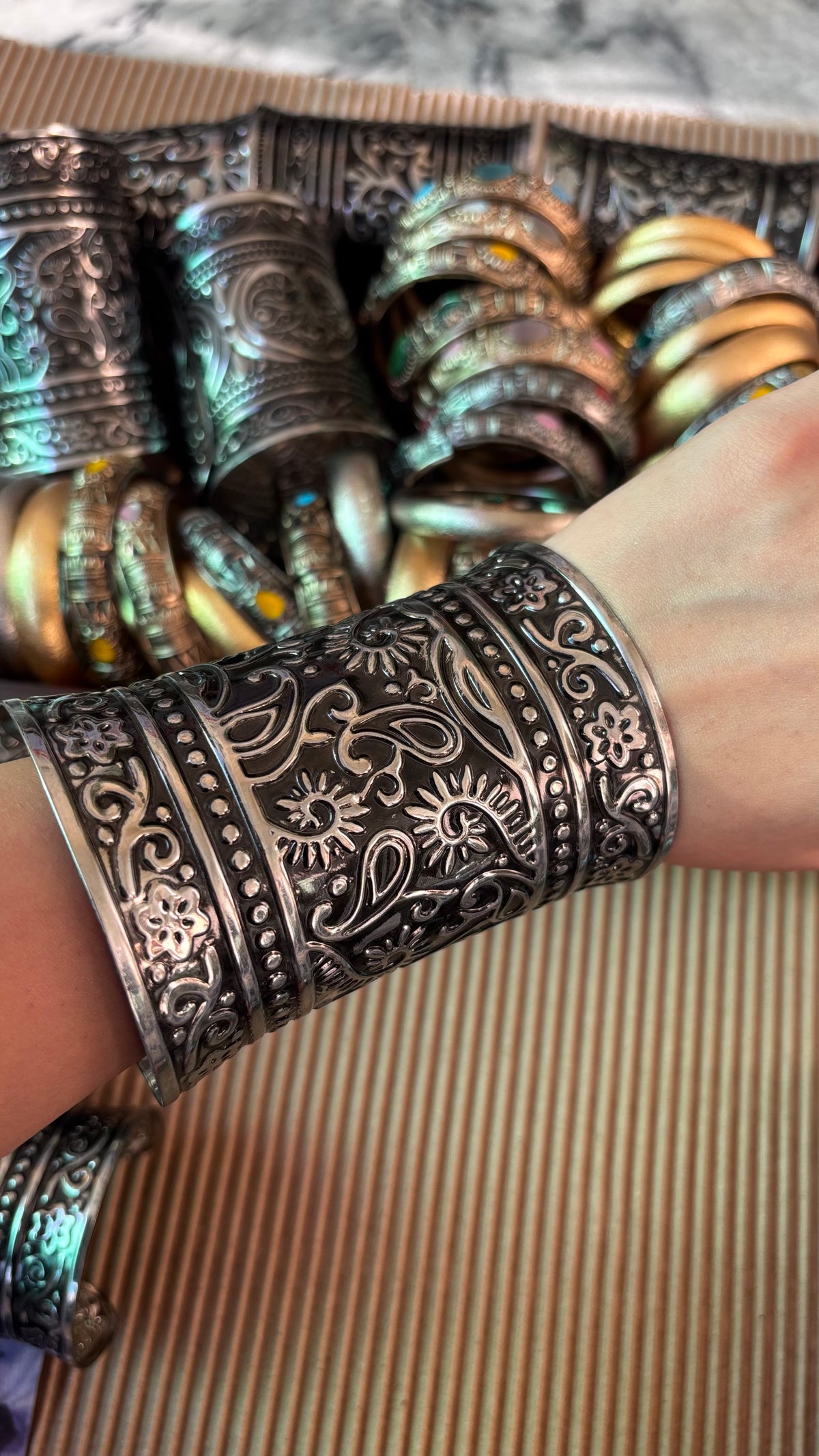 Silver Embossed Arm Cuffs